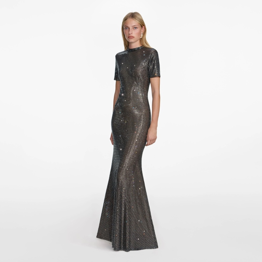 Self Portrait Gunmetal Rhinestone Mesh Maxi Dress